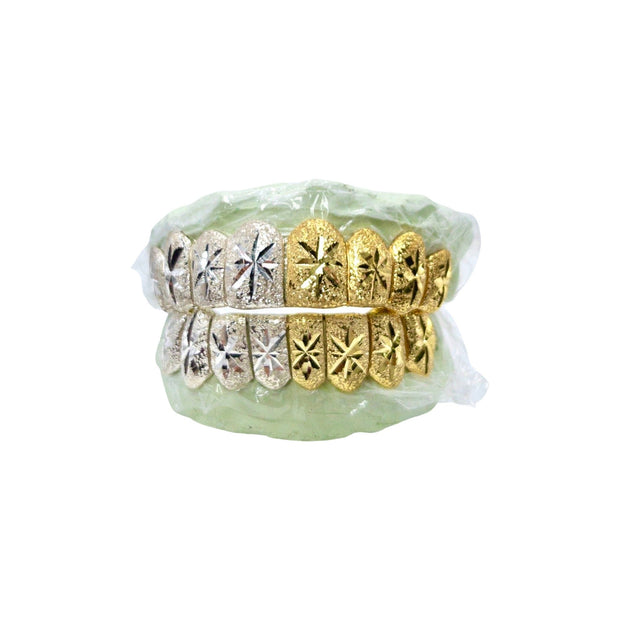 Custom Two-Tone Diamond Dust and Starburst Cuts Gold Grill