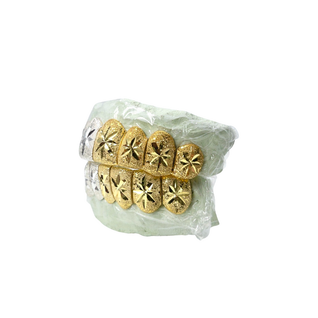 Custom Two-Tone Diamond Dust and Starburst Cuts Gold Grill